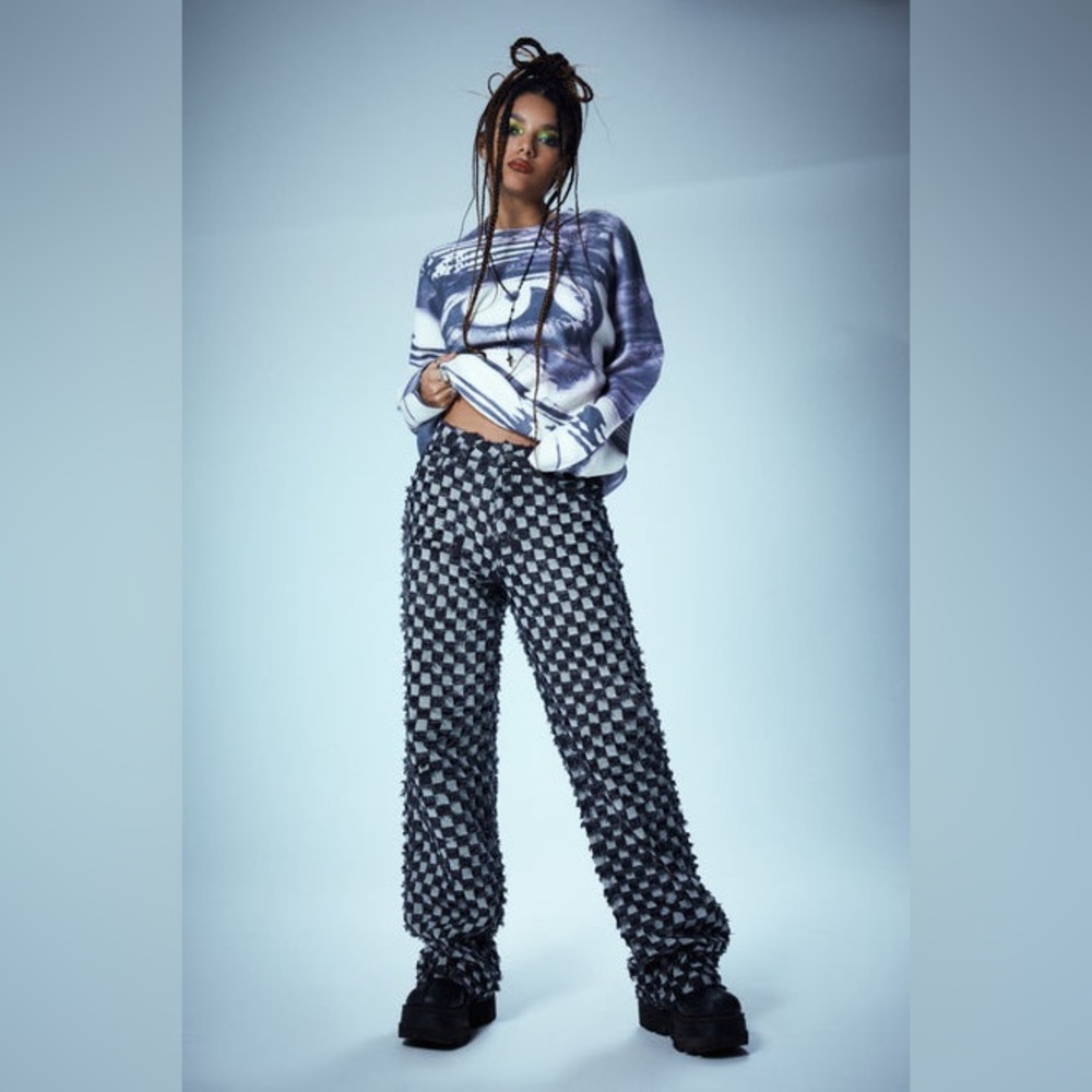 Jaded London BLACK & WHITE CHECKERBOARD PRINT DISTRESSED BOYFRIEND JEANS
